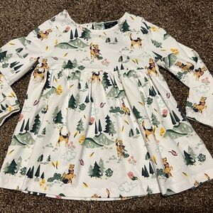 White Long Sleeve Dress with Forest and Dog Print